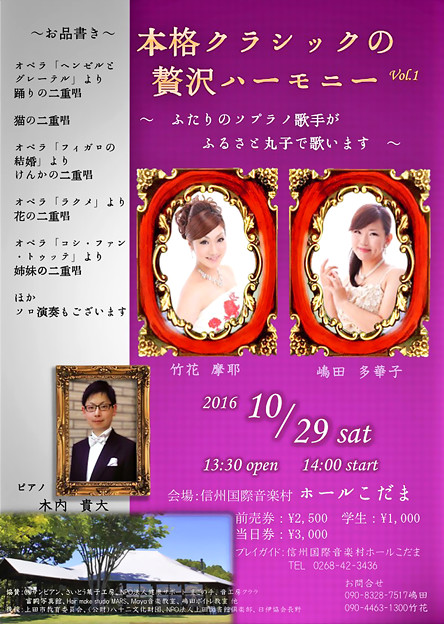 竹花摩耶、嶋田多華子、木内貴大 贅沢ハーモニー コンサート 2016 in こだまホール