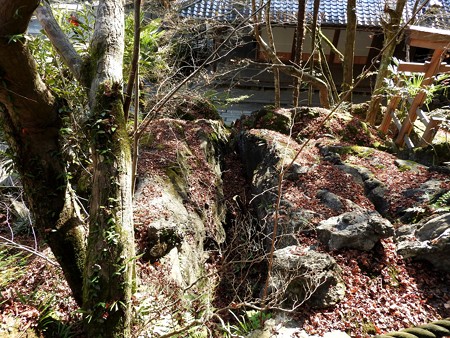 石山寺53 三十八所権現社4 鳥居の横に下まで続く大きな割れ目
