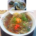 Photos: 【今日の夜飯】岡山市北区谷万成の、餃子の王将 岡山京山店 期間限定 月見牛すきラーメン ５９４円（岡山京山店限定）と、餃子と、ひとくち鶏ちまきと、殼つき牡蠣のせいろ蒸し（３個入、期間限定）