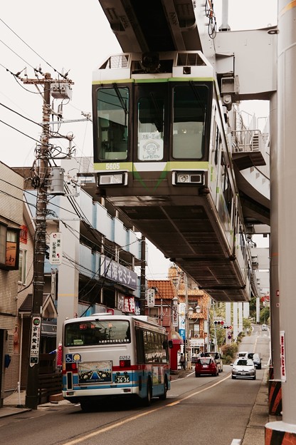 バス通りの頭上を走る交通機関。。湘南モノレール 20160424